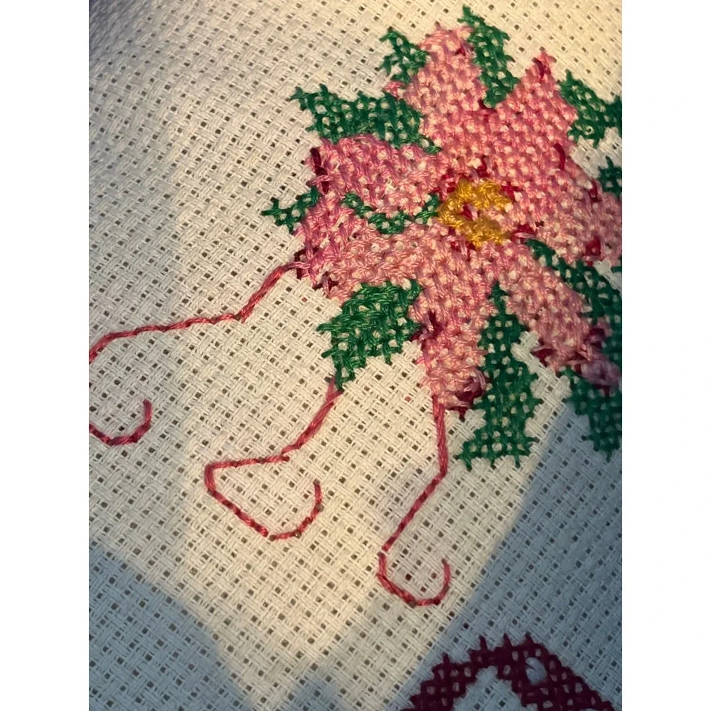 Vintage Handmade Cross Stitch Joy Christmas Pillow Burgundy Ruffle Poinsettia
